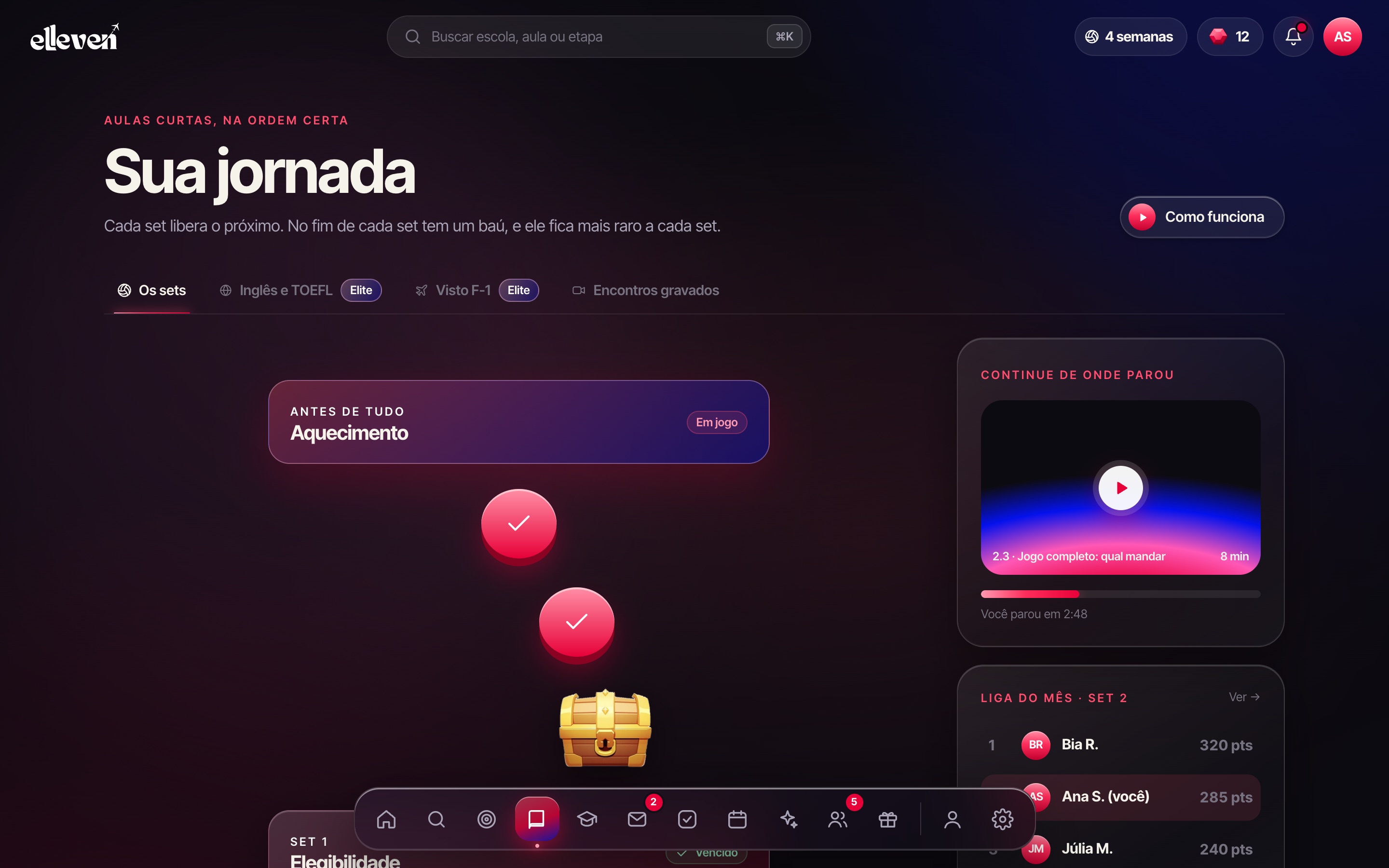 Sua jornada: aulas e progresso por set na Elleven